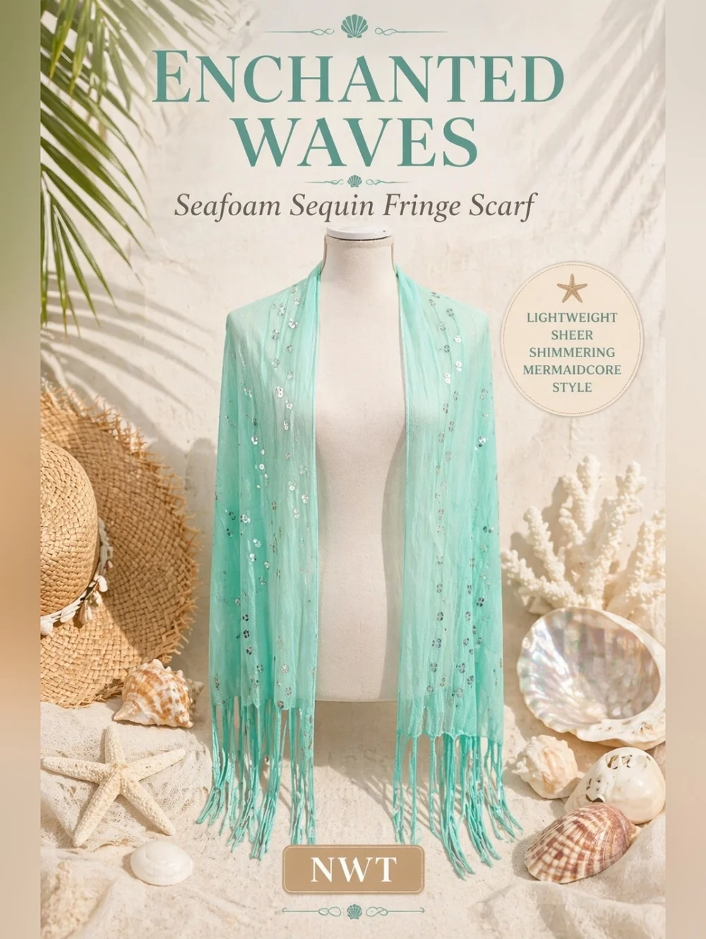 NWT Seafoam Sequin Fringe Scarf Mermaidcore Beach Wrap